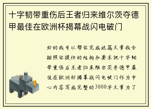 十字韧带重伤后王者归来维尔茨夺德甲最佳在欧洲杯揭幕战闪电破门